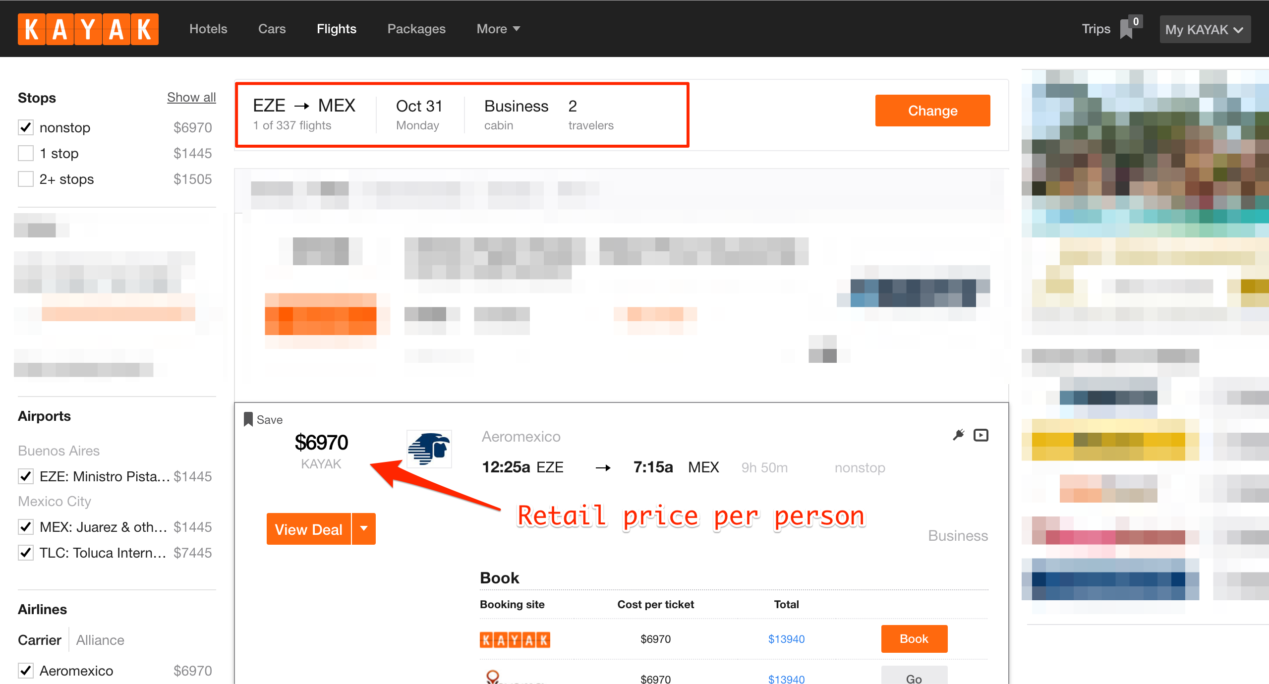 Retail price of a business class flight from Buenos Aires to Mexico City.